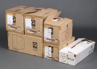 A collection of Q Acoustics Hi-Fi to include a pair of 2020 speakers, pair of 2010 miniature speakers, a 2070S base sub woofer, a 2000C centre speaker and a pair of QA 2110 speaker stands  