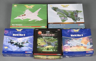 Four Corgi Aviation Archive models and 1 Predator of The Skies to include DH Mosquito FBVI, DH Mosquito NF MKII, Euro Fighter Typhoon T.1, a BAC Lightning F.3 and a Grumman Avenger MK1 2F, boxed 