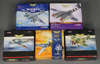 Five Corgi Aviation Archive models to include Hawker Sea Hurricane 1B, a Gloster Gladiator MK1, a DH Mosquito VI, a D-Day Anniversary DH Mosquito FB VI and a P15D Mustang, 1:72 scale, boxed 