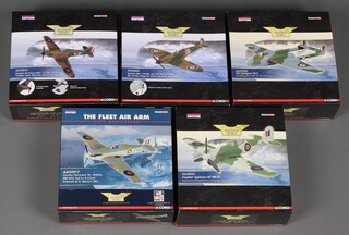 Five Corgi Aviation Archive models to include Hawker Typhoon NF MK.1B, a DH Vampire FB.9, a Hawker Hurricane 1B, a Hawker Hurricane MK1 and a Spitfire MK1  1:72 scale, boxed 