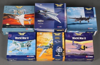 Six Corgi Aviation Archive models to include EE Lightning F2, Hawker Siddeley AV-8C Harrier NASSA, DH Mosquito B IV "Grim Reaper", Corsair IV, KD345 no.1850, P51D Mustang and P-47D Thunderbolt MKII, 1:72 scale, boxed