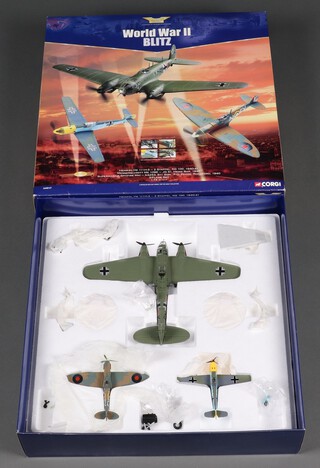 A Corgi Aviation Archive World War Two Blitz Set consisting of a Heinkel, a Messerschmitt and a Supermarine Spitfire MK1, 1:72 scale, boxed