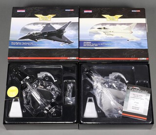A pair of Corgi Aviation Archive models to include a Euro Fighter Typhoon F.2 black scheme and a Euro Fighter Typhoon F.2 in white, 1:72 scale, boxed