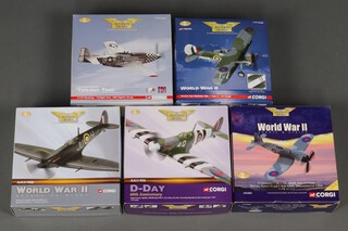Five Corgi Aviation Archive models to include Corsair I - JT172, a Supermarine Spitfire MKVB-W38, a P-51D Mustang "Twilight Tier", a Supermarine Spitfire MKV8-Q4 VCS7 and a Gloster Sea Gladiator MK.1, 1:72 scale, all boxed