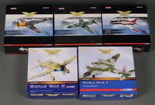 Five Corgi Aviation Archive models to include British Aerospace Hawk T.1A, Messerschmitt BF109E, BAe Hawk T.1A "Astra QinetiQ", a Junkers JU87B-2 Trop and a DH Mosquito T.MkIII,  1:72 scale, all boxed