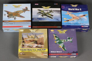 Five Corgi Aviation Archive models to include a Hawker Typhoon 1B, a Focke-Wulf FW 19A-6/R3, a P-403E Kittyhawk, a Fairey Swordfish and a Hawker Hurricane MKIID,  1:72 scale, boxed