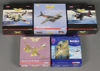 Five Corgi Aviation Archive models to include DH Mosquito PR1, a Westland Lysander MKIIIA (SD), a ME262A-1A, a DH Mosquito NF MkII "Special", a Junkers JU8 87B-2  1:72 scale, all boxed