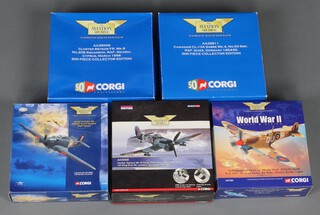Five Corgi Aviation Archive models to include a Canadair CL-13A Saber MK.4, a Gloster Meteor FR MK.9, a Hawker Typhoon MK1B, a Hawker Hurricane MK1 and a Supermarine Spitfire MKVB,  1:72 scale, boxed