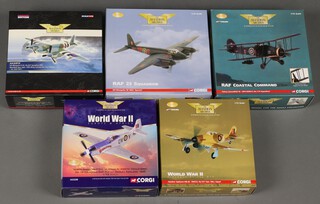 Five Corgi Aviation Archive models to include a DH Mosquito NF MkII "Special", a DH Mosquito B XX, a Hawker Typhoon Mk.1B, a KM272 "Dooleybird", a Fairey Swordfish III  1:72 scale, boxed