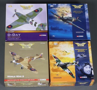 Four Corgi Aviation Archive models to include a Hawker Hurricane MK1, a Supermarine Spitfire MkVb, a Supermarine Spitfire F VIII and a Hawker Hurricane MKIIIC, 1:72 scale, boxed
