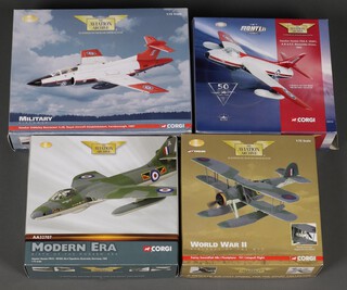 Four Corgi Aviation Archive models to include Hawker Siddeley Buccaneer S.2B, a Fairey Swordfish MK.1 Float Plane, a Hawker Hunter FR10 and a Hawker Hunter FGA.9  1:72 scale, boxed