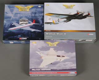 Three Corgi Aviation Archive models to include a DH Comet 4C, an AA34601-Eurofighter Typhoon F.2 and a Heinkel HEIIIH-6,  1:72 scale, boxed