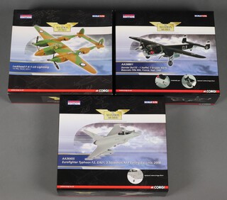 Three Corgi Aviation Archive models to include a Dornier Do17Z, a Eurofighter Typhoon .F2 and a Lockheed F-4-1-LO Lightning, 1:72 scale, boxed