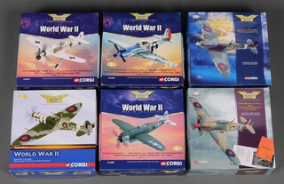 Five Corgi Aviation Archive models to include a Spitfire MK.VB, a P-47D Thunderbolt "Miss Mary Lou", a Hurricane MK1, a Supermarine Spitfire MkIIC, a P-51D Mustang "Cripes A'Mighty" and a Focke-Wulf FW 190A-4, 1:72 scale, boxed