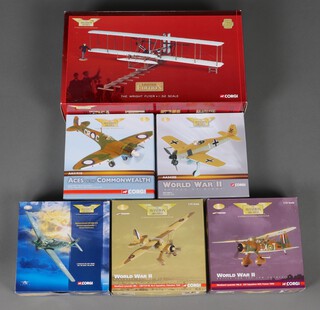 Six Corgi Aviation Archive models to include The Wright Flyer, a Westland Lysander Mk.II, a Messerschmitt Bf109E-4/B, an FW-190A-4, a Spitfire MkVC0 and a Westland Lysander Mk.I, boxed