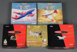 Three boxed Corgi Aviation Archive models to include a Douglas C-47 Dakota RAE, a Vickers V.838 Viscount (both 1:144 scale), a Gloster Sea Gladiator - N5520 "Faith" (1:72 scale), a Model Zone DH Mosquito FBVI and a Model Zone Supermarine Spitfire MKIII 