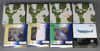 A collection of scale model aircrafts by Sky Guardians and Gemini Aces to include Spitfire MKIX, P-51B Mustang, BF 109 F, BF 109 F-4, Spitfire MK LFIXE, Messerschmitt BF 109G-6 (x2) and a Spitfire MK.IX