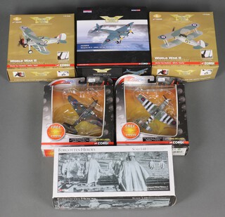 A collection of model aeroplanes to include Aviation Archive Gloster Sea Gladiator N5531, Gloster Sea Gladiator N5519, Mosquito FB V1, a Corgi War Birds P-51 Mustang III, a War Birds Curtis P40 Kittyhawk 1A and a Forgotten Heroes H13 Bell Helicopter 