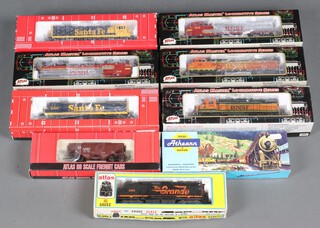 A quantity of Atlas HO scale model locomotives to include no. 8652 Santa Fe, 7038 GP40 diesel, 8964 GP-38, 8692 GE U23B, 9056 Dash 8-40 BW, 9055 Dash 8-40BW, 9058 Dash 8-40BW 
