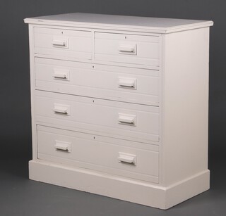 A white painted hardwood chest of 2 short and 3 long drawers with shaped handles, raised on a platform base 103cm h x 104cm w x 50cm d 