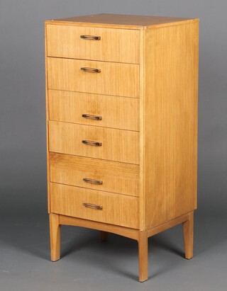 A mid-century bleached teak pedestal chest of 6 drawers with gilt handles, raised on square supports 111cm h x 53cm w x 44cm d 