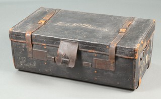 An Army & Navy Co-operative Stores Society black painted leather and metal lined trunk, the lid marked Honourable Mrs Dayson 32cm h x 91cm w x 52cm d 