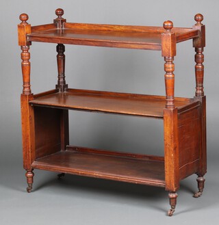 An Edwardian rectangular walnut 2 tier buffet, the base missing doors, raised on turned supports with casters 109cm h x 104cm w x 42cm d 