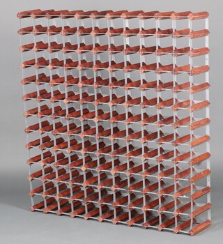 A wooden and metal framed wine rack to hold 132 bottles 120cm h x 111cm w x 23cm d 
