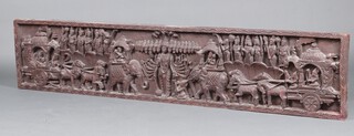 A rectangular Indian carved hardwood panel depicting howdahs and figures 44cm h x 212cm w x 7cm d 