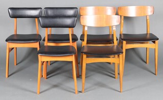 A mid-century set of 4 Schreiber teak framed dining chairs together with a pair of teak bar back dining chairs 