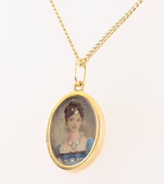 A gold marked 750 oval pendant with miniature portrait set white stones on a gilt metal chain 