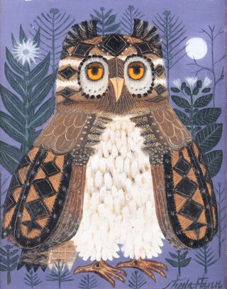 **Sheila Flinn (British, b.1929), "Owl", oil on canvas-board, signed recto, titled verso, 24cm x 19cm, within a painted wood frame.**Please Note - Artists Resale Rights may be payable on this lot.