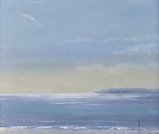 Roy Connelly (British, b.1966), "West Wittering, Blue Light I", oil on board, signed recto, titled verso, 24cm x 29cm, within a painted wood frame.
