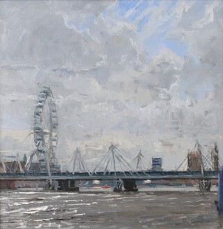 Roy Connelly (British, b.1966), "Towards London Eye, from between Savoy pier and Cleopatraâ€™s Needle", oil on board, signed recto, titled verso, 29cm x 29cm, within a painted and gilt wood frame.
