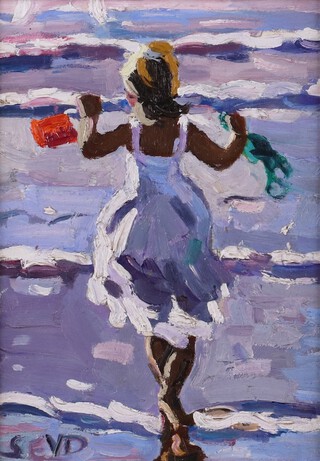 **Sherree Valentine Daines (British, b.1959), "Girl on the Shore with Bucket", oil on board, signed with initials, 18cm x 12cm, within a painted and gilt wood frame.**Please Note - Artists Resale Rights may be payable on this lot.