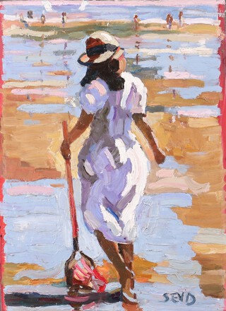 **Sherree Valentine Daines (British, b.1959), "Girl on the Shore with Fishing Net", oil on board, signed with initials, 28cm x 21cm.**Please Note - Artists Resale Rights may be payable on this lot.