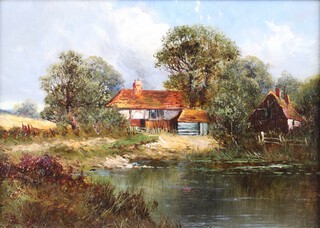 Phil Hips (Francis E. Jamieson) (British, 1895-1950), "Sussex Landscape with Farm buildings and Lake", early 20th century oil on canvas, signed, 24cm x 34cm, within a painted and gilt wood frame.