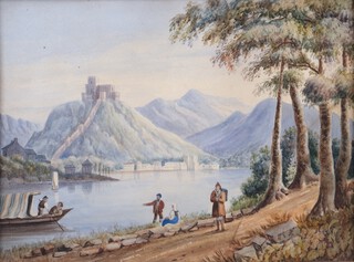 Continental School, Figures on a Road beside a Lake, 19th century watercolour, 22cm x 30cm, within a gilt composition frame.