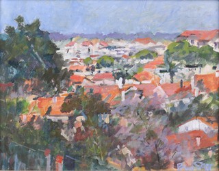 Prue Sapp (1928-2013), "Juan-les-Pins", oil on canvas-board, signed recto, titled verso, 34cm x 44cm, within a gilt frame.