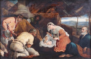 After Jacopo Bassano, Adoration of the Shepherds, 19th century oil on panel, 34cm x 53cm, within a gilt frame.