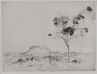 Ernest Stephen Lumsden (British, 1883-1945), "Jodhpur from the Desert" (India), etching with drypoint, signed in pencil recto, titled label verso, 12cm x 16cm, within an ebonized frame.