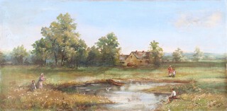 Attributed to Rose Maynard Barton (Irish, 1856-1929), Landscape with Farm Buildings and Figures near a Pond, oil on canvas, signed and dated 1896, 30cm x 61cm. Note: We can find no anomalies under UV examination and so believe that  this intriguing work offers the possibility that Rose Barton experimented with oils during her notable career. 
