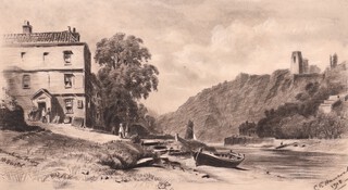 C. E. Hancock, "Rownham Ferry, Bristol", charcoal on paper, signed and dated 1918, 20cm x 36cm, within a stained wood frame.