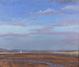 Roy Connelly (British, b.1966), "East Head at West Wittering, September Evening", oil on canvas, signed recto, titled verso, 50cm x 60cm, within a painted and gilt frame.