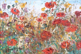 **Michael James Strang (British, 1942-2022), "Poppies and Wildflowers", oil on board, signed, 39cm x 59cm, within an ebonized and gilt frame.**Please Note - Artists Resale Rights may be payable on this lot.