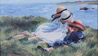**Sherree Valentine Daines (British, b.1959), "Island Lookouts", signed limited edition embellished canvas print, editioned 44/195 and signed by the artist to certificate of authenticity verso, 29cm x 50cm, within a silvered frame.**Please Note - Artists Resale Rights may be payable on this lot.