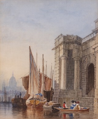 James Ward R.A. (British, 1769-1859), "The Landing Place at Waterloo Bridge", watercolour, signed and titled with the artists address of Newman Street verso, 24cm x 20cm, within a gilt frame. Provenance: E. Stacey Marks (who erroneously ascribed the work to John Ward).