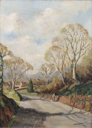 I.M. Wood, British School, Figure on a Country Road, mid-20th century oil on canvas-board, signed and dated â€™50, 37cm x 28cm, within a painted composition frame.