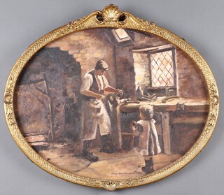 **Sherree Valentine Daines (British, b.1959), Interior Workshop scene with Man and Child, oval oil on canvas-board, signed and dated 1983 recto, Park Lane Fine Arts gallery label verso, 40cm x 52cm, within a gilt composition frame.**Please Note - Artists Resale Rights may be payable on this lot.