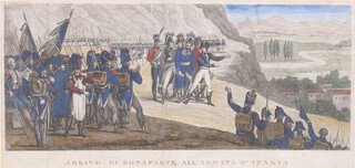 19th Century Italian School, "Arrivo di Bonaparte all'armata d'Italia", engraving with hand-colouring, circa 1833-1835, 19cm x 40cm, within a painted wood frame.	